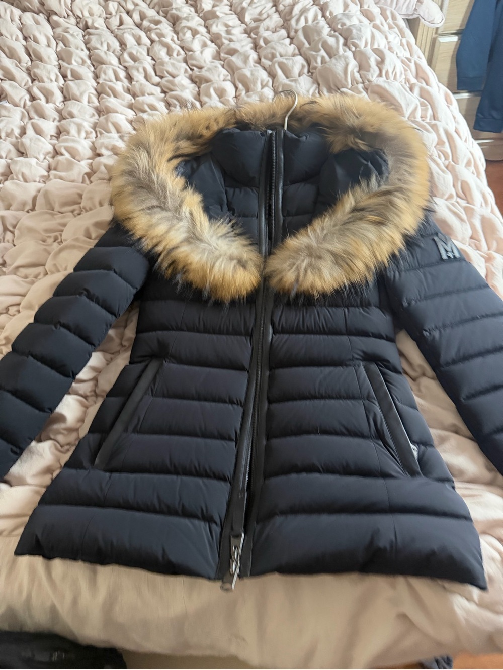 Mackage Black Puffer Coat with Faux Fur Trim Hood